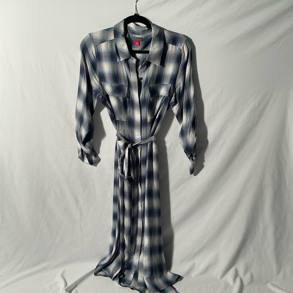Vince Camuto Long Sleeve Plaid Dress in Blue and White
